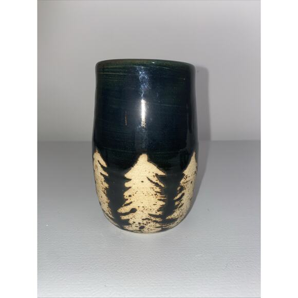 Studio Art Pottery Hand Thrown Glazed Vase/ Pen Holder Black With Trees - Picture 3 of 7